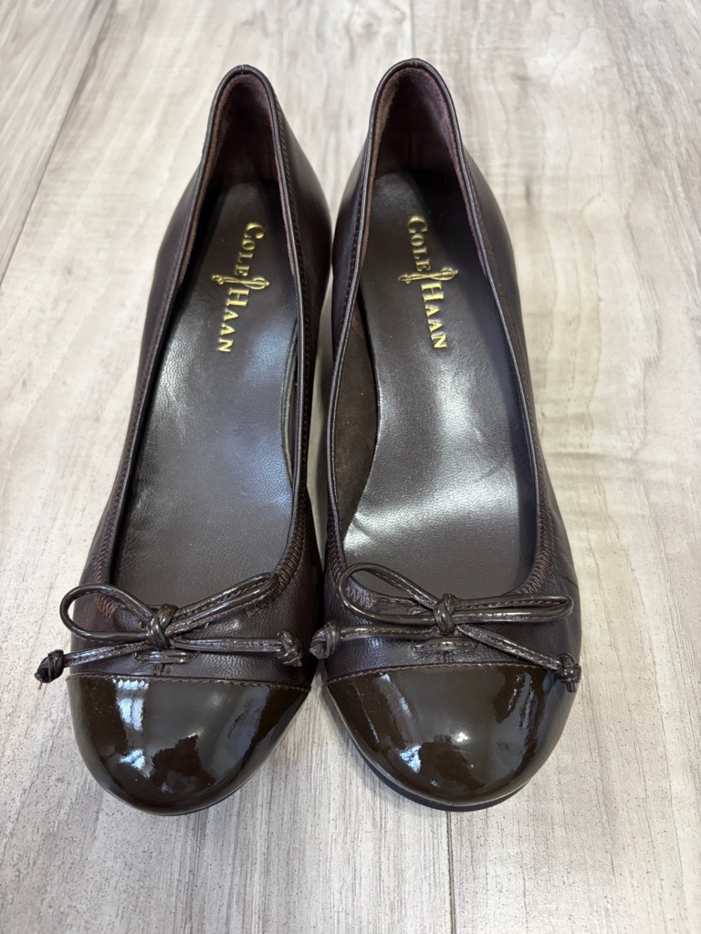 Cole Haan Dark Brown Leather Ballet Flats with Patent Toe